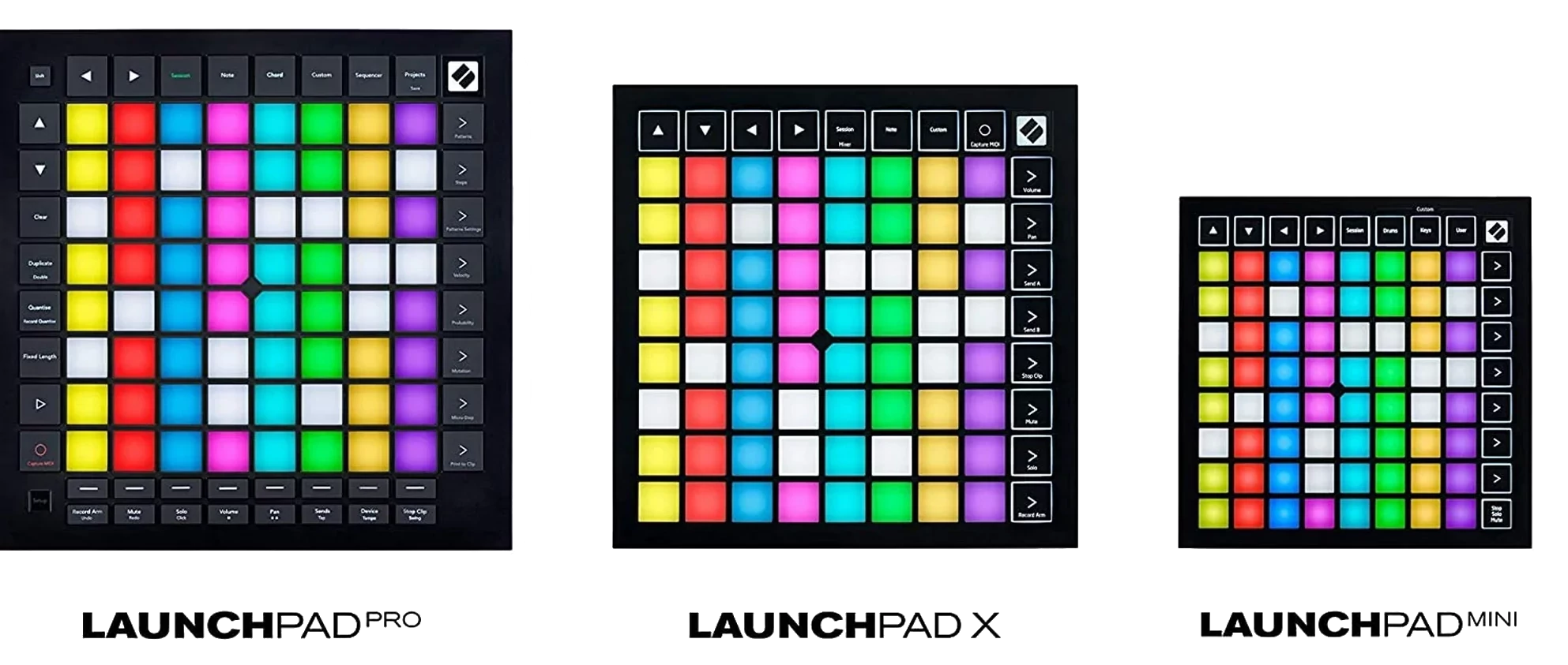 Image of the 3 Novation LaunchPad devices (Pro, X and mini)