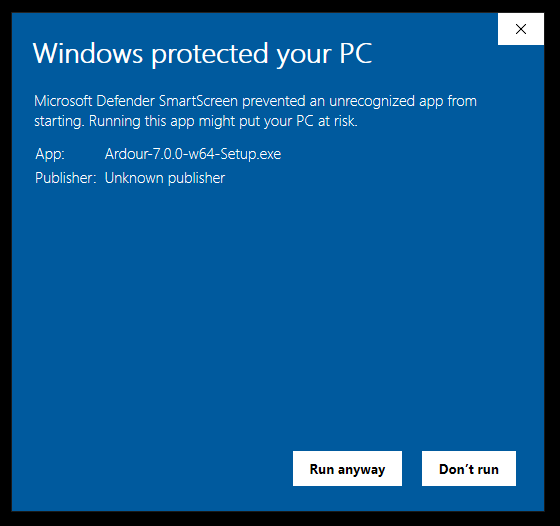 step 7 of the ardour install process on Windows with Defender