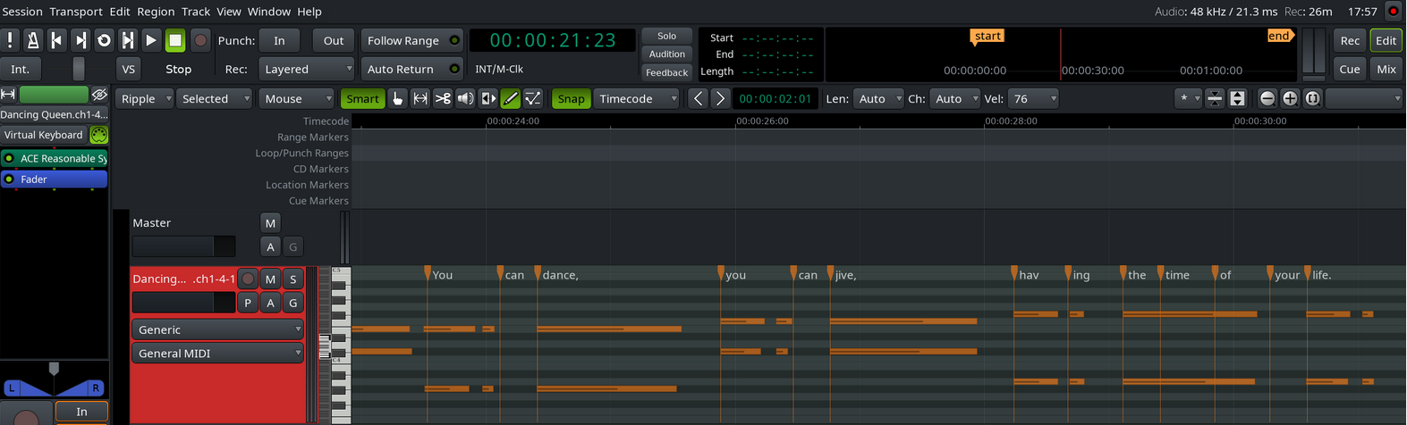 a screenshot of ardour showing imported MIDI lyrics