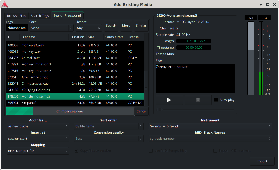 the import dialog showing the Freesound tab within Ardour