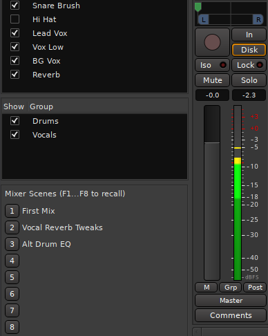 part of Ardour's Mixer tab showing the new mixer scenes list