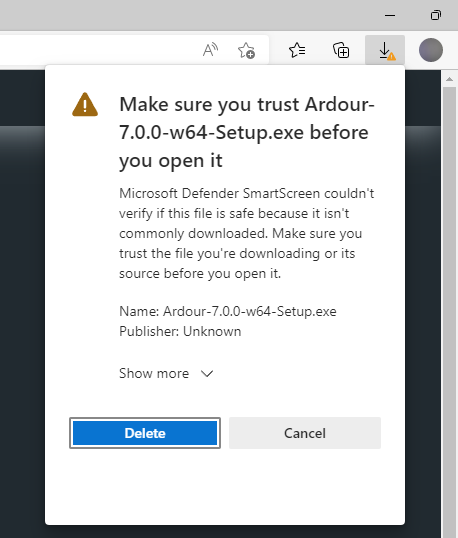 step 3 of the ardour install process on Windows with Defender