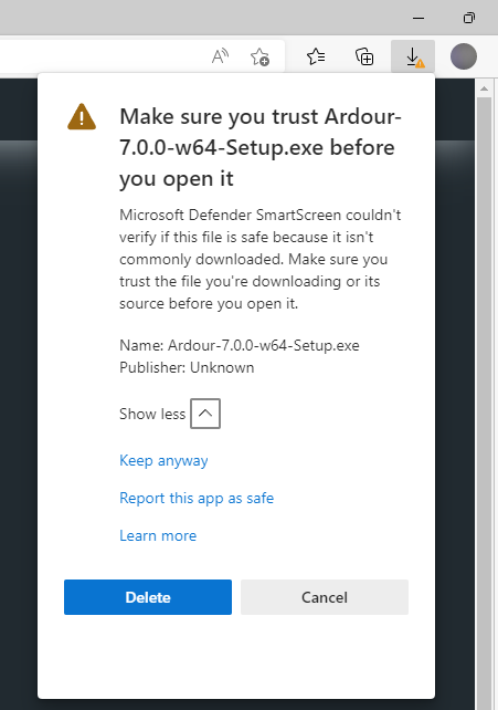 step 4 of the ardour install process on Windows with Defender